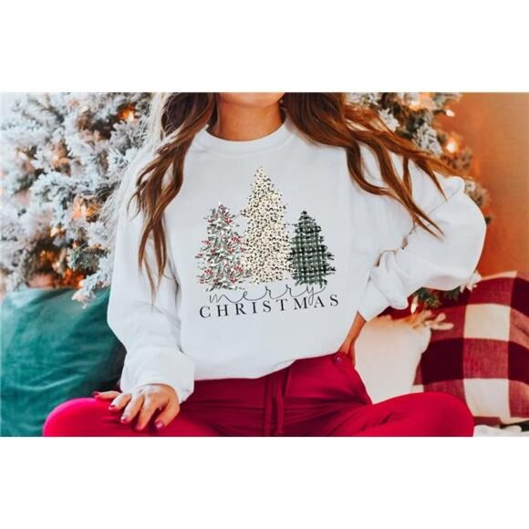 Merry Christmas Sweatshirt for Women - Plaid Holiday Long Sleeve Tree - Picture 2 of 6